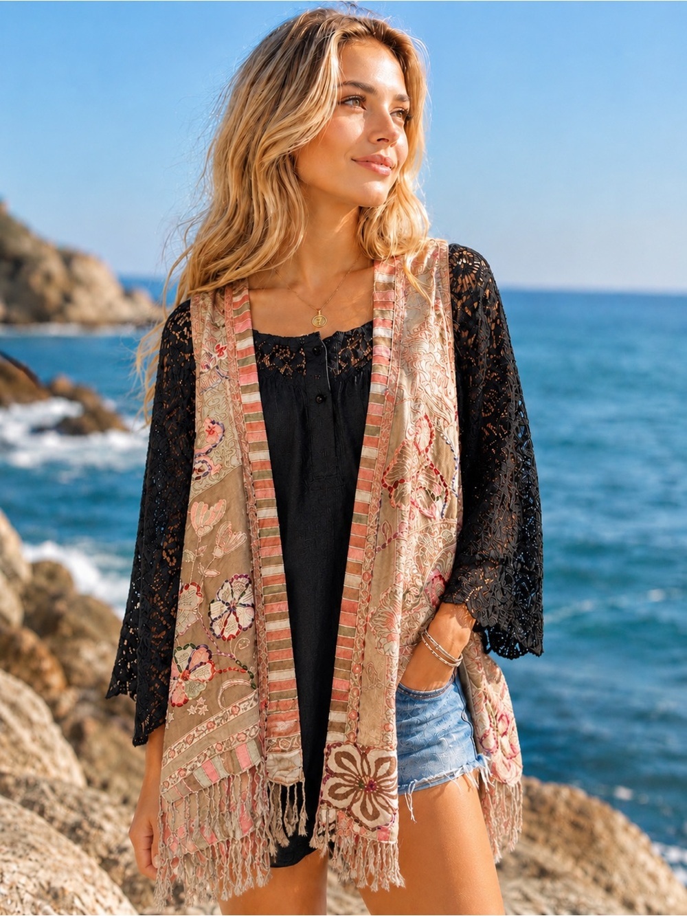 Raj Pink and Beige Embroidered Floral Vest V-5